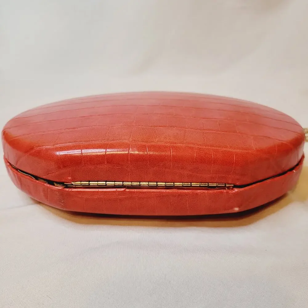 Sondra Roberts red croc embossed leather oval hard case cross body bag